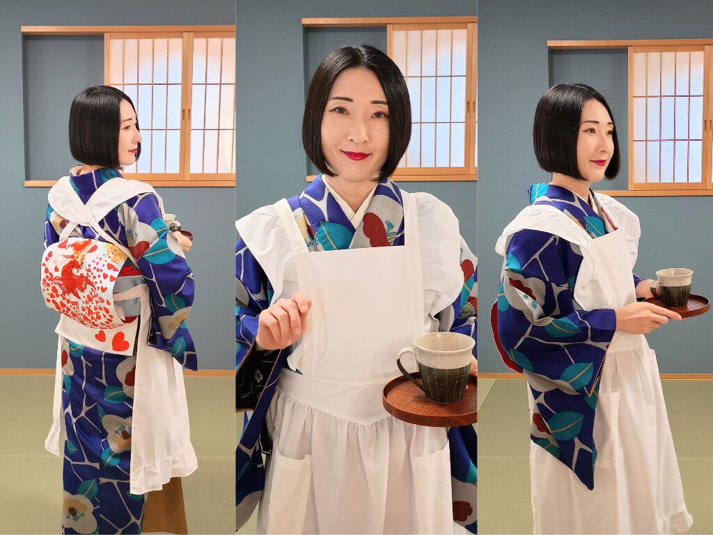 銘仙×エプロンの着物コーディネート（大正時代の女給さん風）