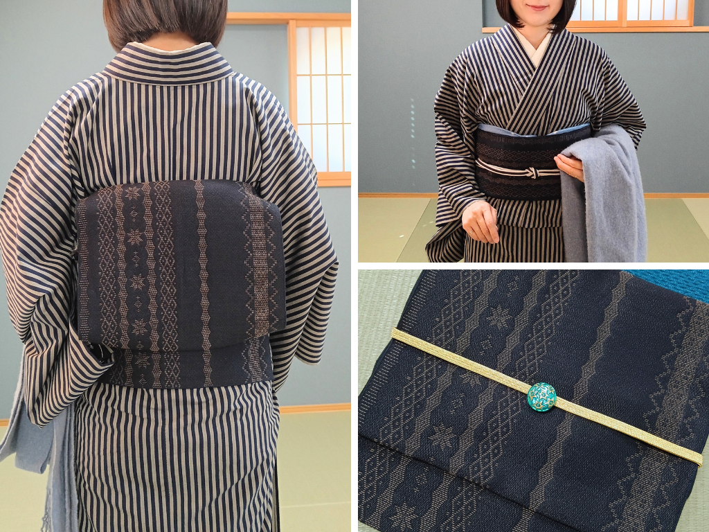 大人の兵児帯で二重太鼓（お太鼓結び）の着物コーデ